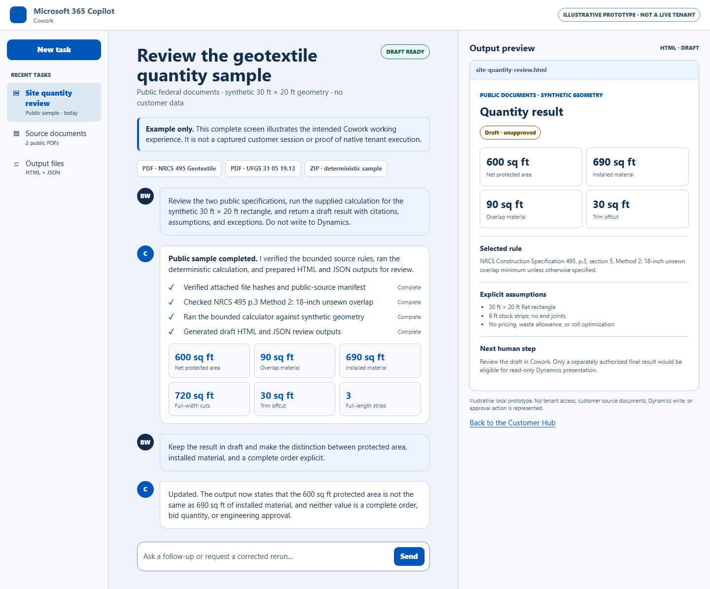 Complete illustrative Cowork session showing navigation, public source attachments, review conversation, synthetic quantity results, and output preview. Select to view enlarged.