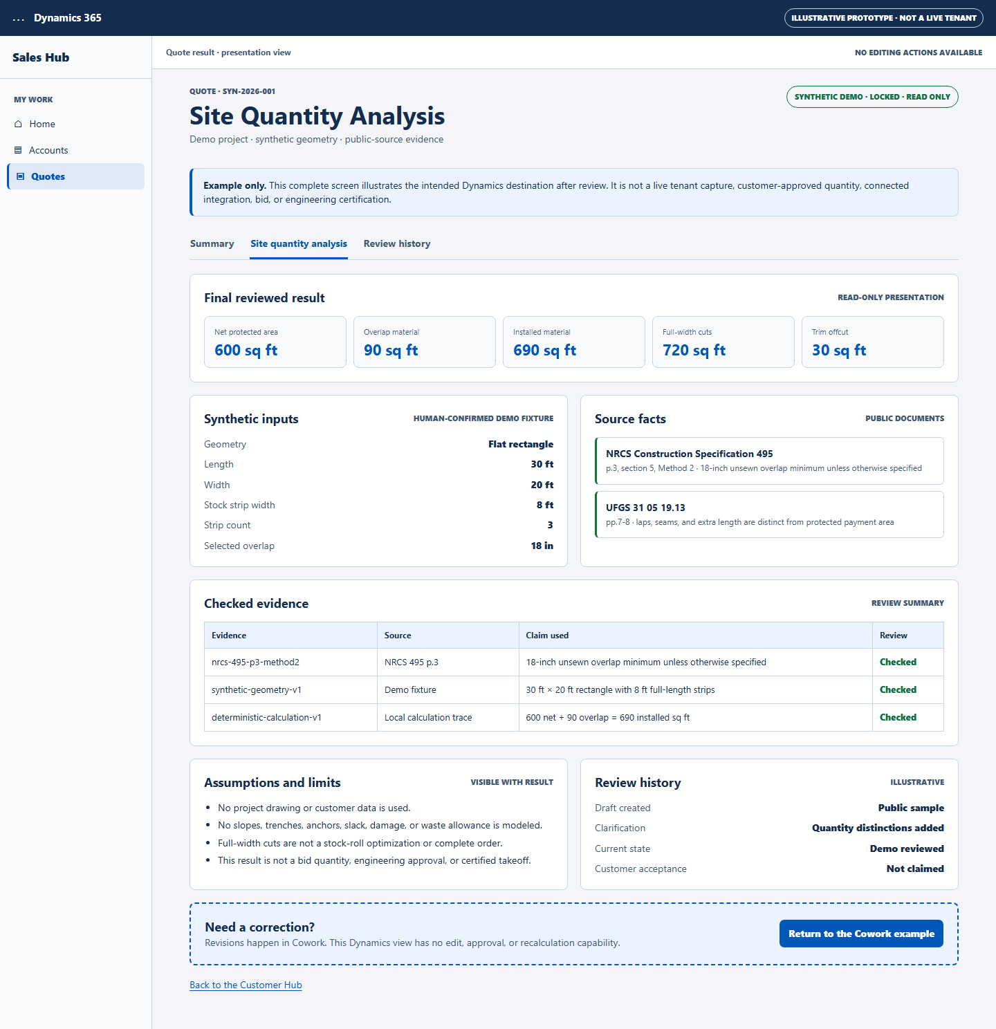 Complete illustrative Dynamics 365 read-only result showing locked commands, synthetic quantities, evidence, assumptions, review history, and a return-to-Cowork route. Select to view enlarged.